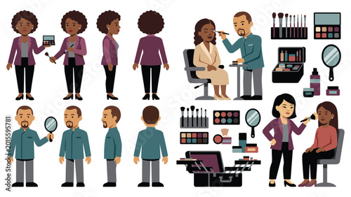 Fotografía Makeup artists applying cosmetics to models hair and face styling beauty professional products kit tools