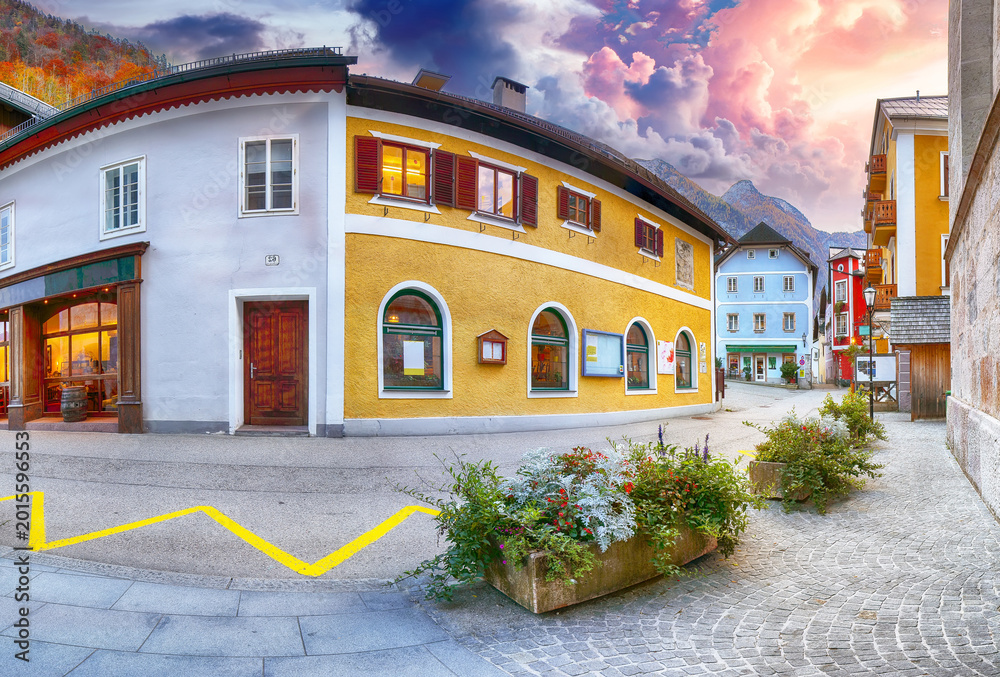 Fototapeta premium Stunning view on streets of famous Hallstatt mountain village.