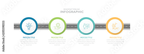 Road map infographic template. Business data visualization. Timeline with 4 steps, options. Business concept design with icon. 