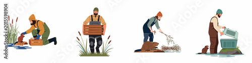 Bild auf Leinwand Vector illustration set of wildlife conservationists and volunteers rescuing, rehabilitating, and caring for beavers in their natural wetland aquatic habitat
