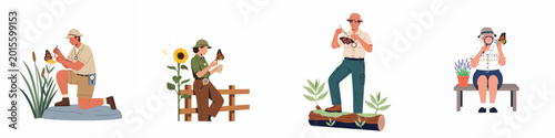 Fotografie Set of illustrations featuring entomologists and researchers studying, observing, and tagging monarch butterflies in various outdoor and natural environments