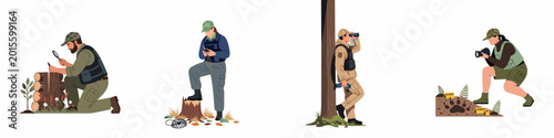 Bild auf Leinwand Professional park rangers and wildlife conservationists performing various duties like monitoring, investigating evidence, and patrolling the forest ecosystem