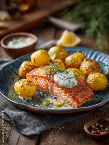 Grilled salmon fillet served with roasted potatoes