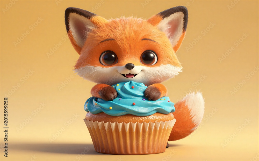 Fototapeta premium Adorable fox peeking out of a blue-frosted cupcake with colorful