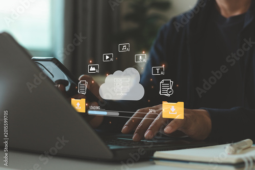 Cloud computing technology and AI data processing concept. Digital file transfer, smart automation, online storage synchronization, artificial intelligence workflow, secure document management.