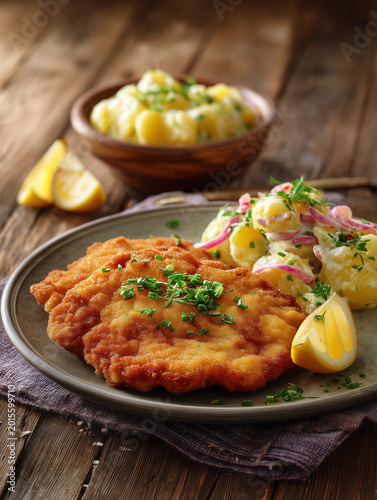 Wiener schnitzel with potato salad and lemon