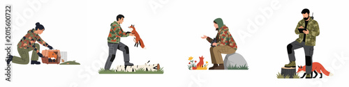 Photography Set of flat illustrations showing wildlife rangers and conservationists interacting with foxes in the wild for research and rescue purposes