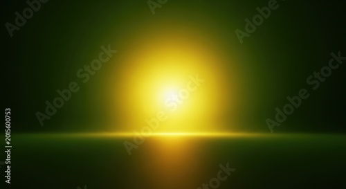 The sun rises over a dark landscape with a bright yellow glow.