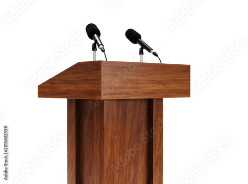 Isolated elegant wooden podium with two microphones ready for a public speech or conference
