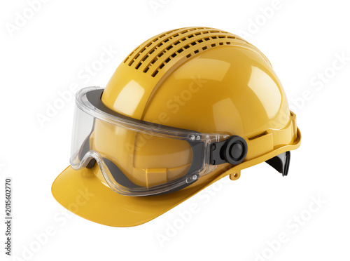 Фотография Isolated sturdy yellow construction safety helmet with clear protective goggles