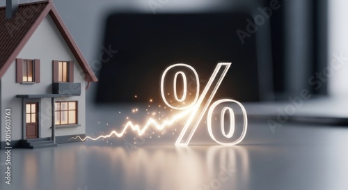 A small house model with a glowing percentage sign on a reflective surface