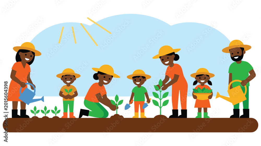 Fototapeta premium Family gardening together planting seedlings in outdoor garden vector.