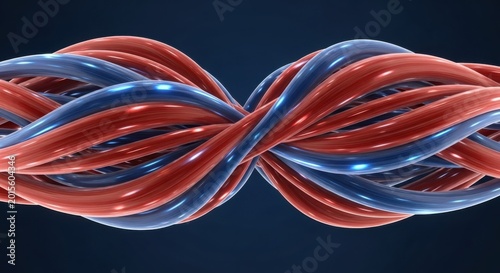 The intertwined blue and red tubes form a complex knot on a dark background