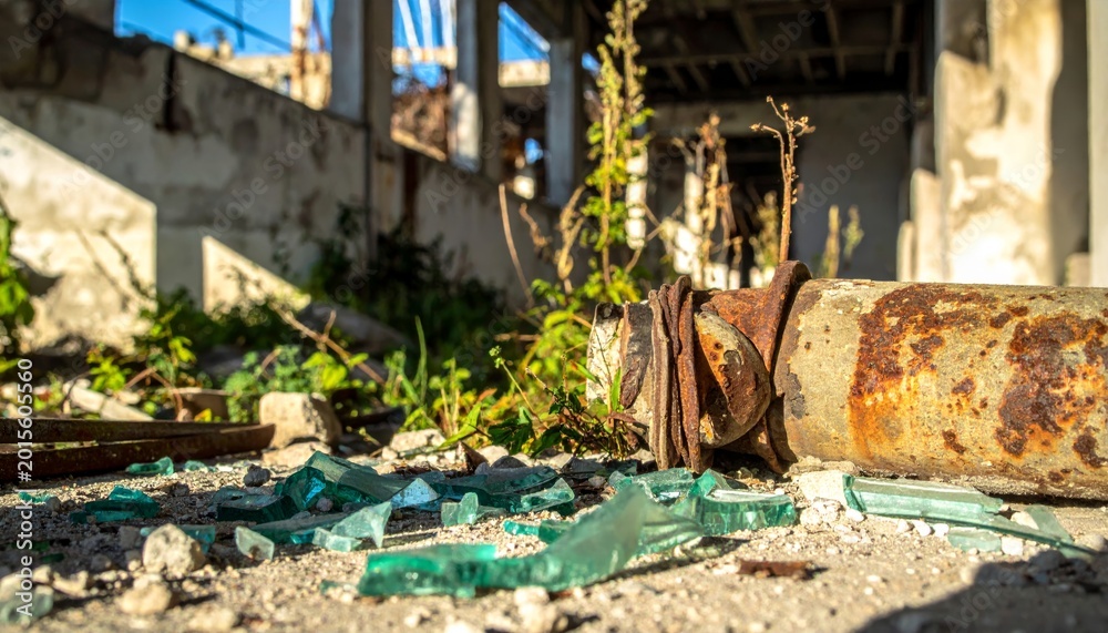 Fototapeta premium Rusty pipes and broken glass in an abandoned building