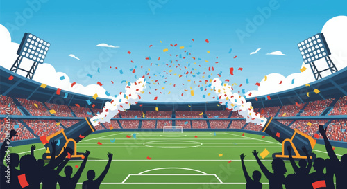 Vector illustration of two confetti cannons launching colorful paper and smoke over a green soccer field in a large outdoor sports stadium with cheering crowd silhouettes.