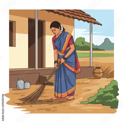 Vector illustration of a rural Indian woman in a blue and red saree sweeping the earthen courtyard of her house with a stick broom, showing traditional lifestyle and clay pots.