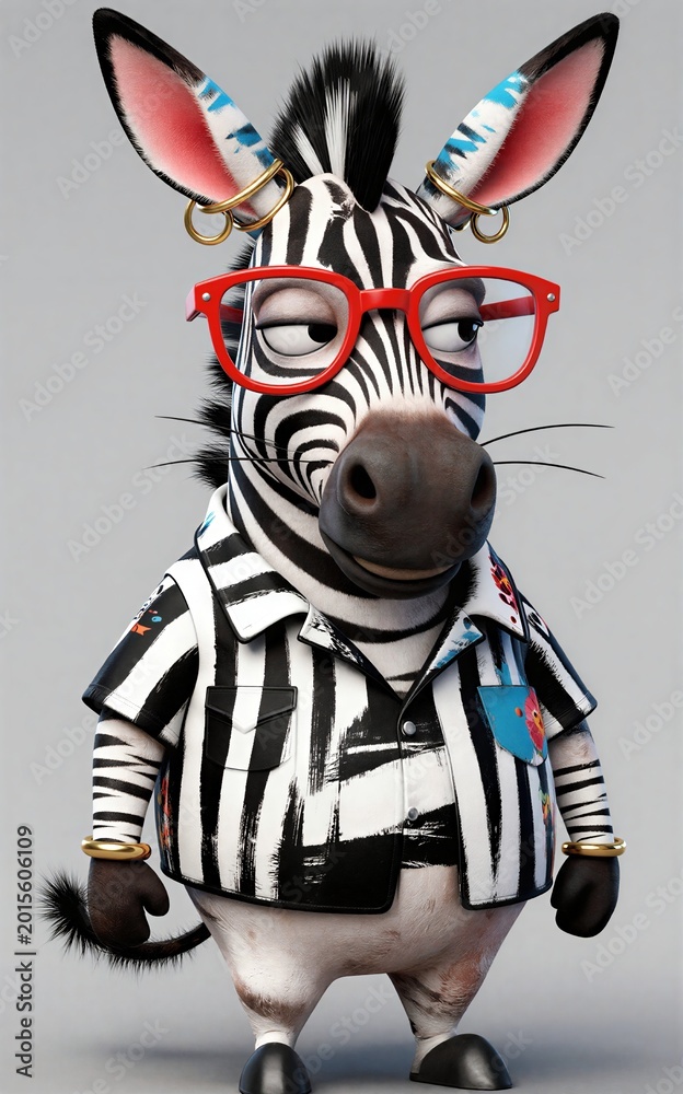 Fototapeta premium A stylish zebra in red glasses and a striped jacket accessorized with