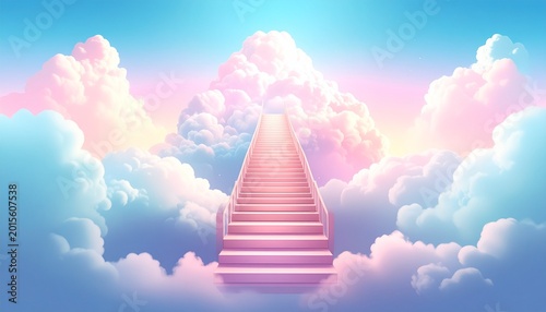 Staircase ascending into colorful clouds in surreal sky landscape