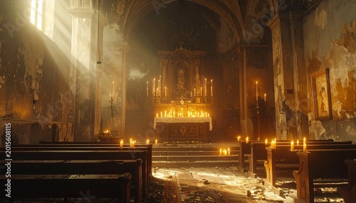 Abandoned church altar with candlelight illumination in historic interior