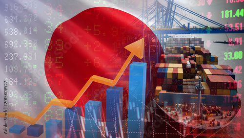 Quadro su tela The growth of Japan maritime logistics and trade, illustrated by the Japanese flag, cargo ships, port cranes, and soaring financial charts