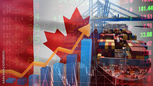 Canvas Print The growth of Canada maritime logistics and trade, illustrated by the Canadian flag, cargo ships, port cranes, and soaring financial charts