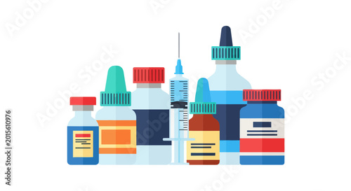 Obraz na plátně Assorted Medical Bottles and Syringe, Healthcare and Pharmacy Concept
