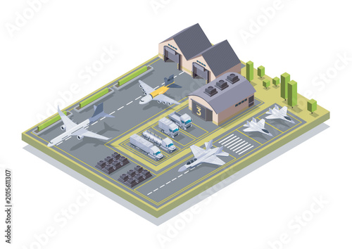 Foto Military and civilian aircraft on an isometric airbase layout with facilities on a light background, depicting aviation operations concept