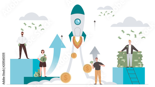 Business people with rocket and rising arrows surrounded by flying money on white background showing financial growth concept. Hand-drawn vector illustration