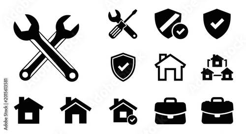 Home Repair and Security Icons: Tools, Houses, Shields, Briefcase, Checkmark