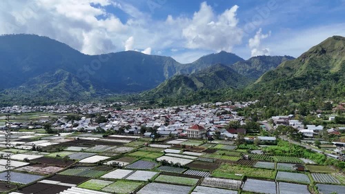 Aerial View of a Vibrant Mountain Village and Green Agricultural Farmlands Under a Clear Blue Sky