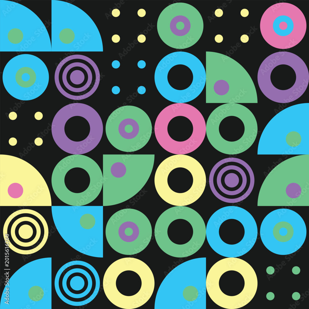 Fototapeta premium Abstract geometric pattern with colorful circles and semicircles on a dark background, modern minimalist vector illustration for design