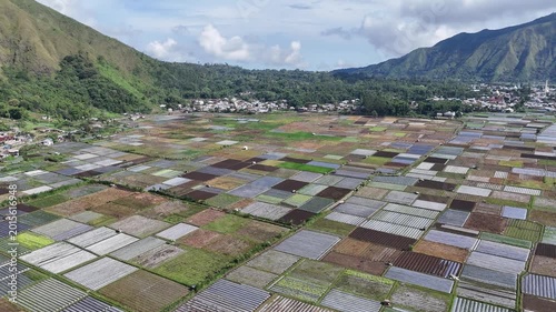 Aerial view of vast agricultural fields in a mountain valley with colorful patchwork crops, showing sustainable farming practices and a distant rural village
