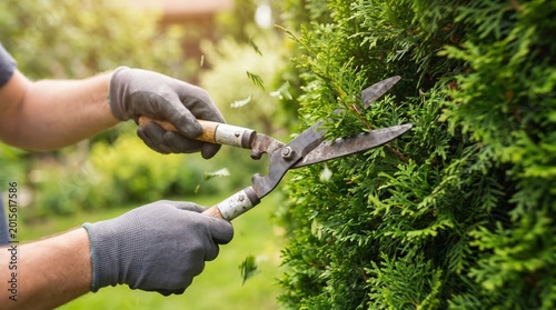Close up of a male gardener wearing protective gloves trimming a green hedge with manual shears in a sunny backyard garden