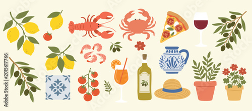 Summer mediterranean vacation illustration set. Italian holiday elements. Hand drawn lemons, seafood, lobster, pasta, olive, pizza, tile. Coastal collection for card, prints, wedding invitation.