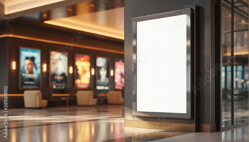 blank showcase billboard or advertising light box for your text message or media content with blurred image of ticket sales counter at movie theater, advertisement, marketing, entertainment concept