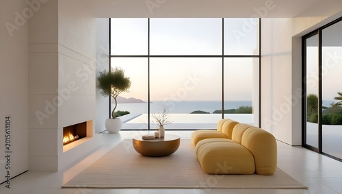 Ultra Minimalist Luxury Clifftop Villa Living Room With Soaring Glass Curtain Wall, Polished White Marble Floor And Linear Fireplace Overlooking Dramatic Coast…Ultra Minimalist Luxury Clifftop Villa