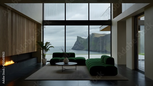 Ultra Minimalist Luxury Clifftop Villa Living Room With Soaring Glass Curtain Wall, Polished White Marble Floor And Linear Fireplace Overlooking Dramatic Coast…Ultra Minimalist Luxury Clifftop Villa
