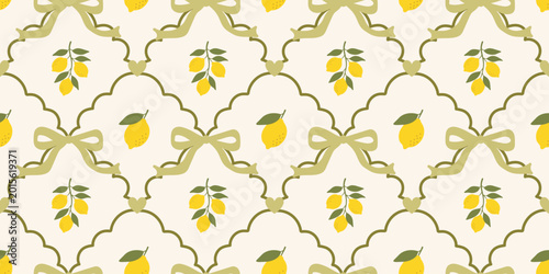 Tableau sur toile Vintage seamless pattern with lemons in whimsical frames, bows, ribbon