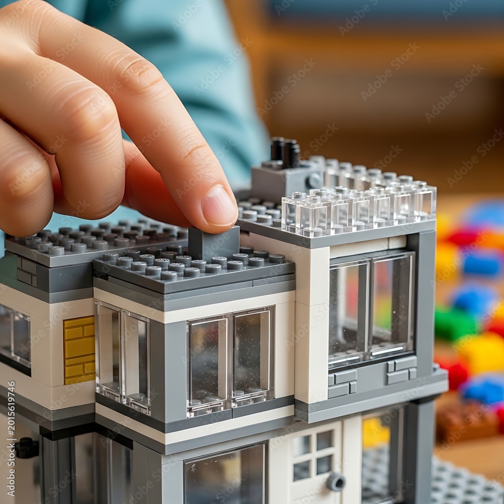 Fototapeta premium Child playing with gray Lego house.