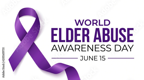 Minimalist world elder abuse awareness day layout with large silk purple ribbon and elegant typography on clean white background for poster.