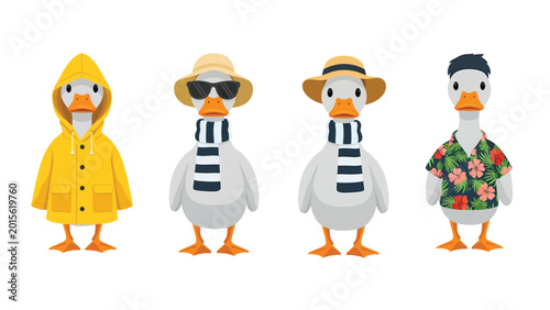 Cartoon Ducks in Diverse Outfits: Raincoat, Summer Hats, Hawaiian Shirt. Cute Animal Characters with Fashion Styles