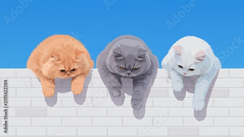 白いレンガ壁から下をのぞき込むモフモフした3匹の猫のユーモラスなイラスト