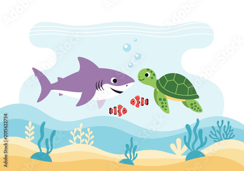 Quadro su tela A friendly cartoon shark, sea turtle, and clownfish swimming together in a vibrant underwater scene with seaweed and bubbles