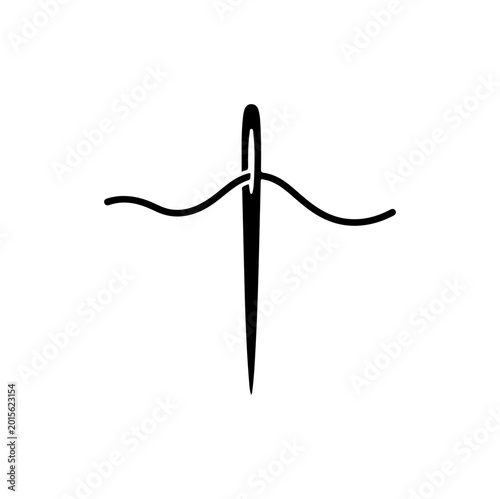 Black Bold Silhouette of Sewing Needle with Thread