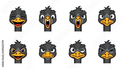 Ostrich Head Cartoon Expressions Vector Set: Funny Bird Faces with Diverse Emotions