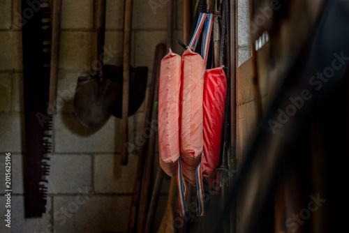 Fotografi Three red life preservers hanging on garage wall