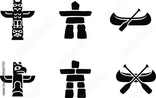 Canada Victoria Day Indigenous Heritage and Outdoors Icon Set, Canadian Culture Symbols Silhouette, Totem Pole, Inuksuk, and Canoe with Paddles Vector Illustrations