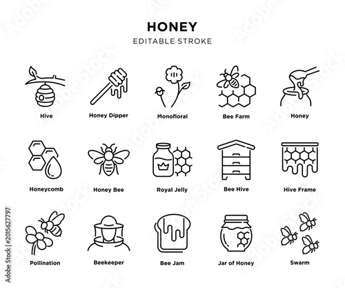 Honey beekeeping line icon set