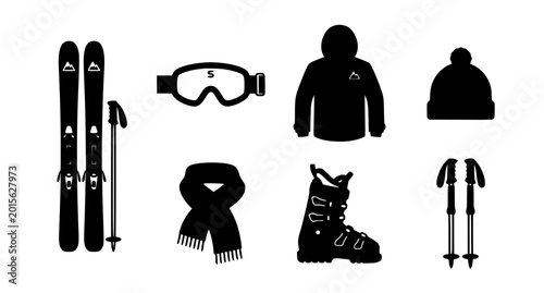 Minimal ski gear icon collection winter sports vector illustration isolated on white background