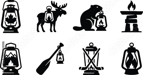 Canadian Camping Lantern and Wildlife Icon Set, Victoria Day Canada Outdoor Symbols, Beaver, Moose, and Inuksuk Silhouette Vector Illustrations